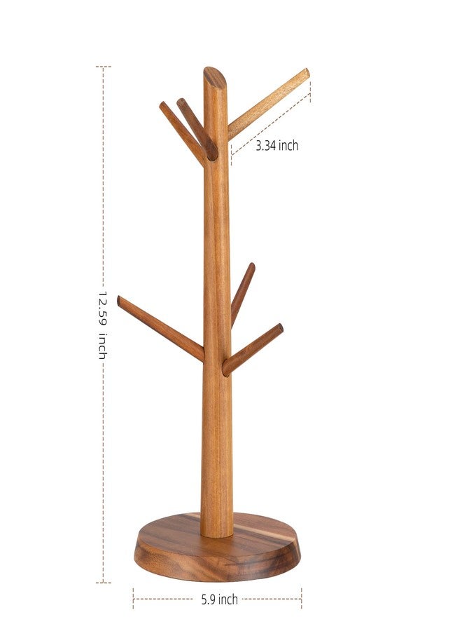E-ROOM TREND Acacia Wood Mug Holder Tree, 6 Hooks Wooden Mug Organizer for Kitchen Counter & Coffee Bar, Easy to Assemble, Natural Wood Color, Ideal for Small to Medium Mugs - Image 2